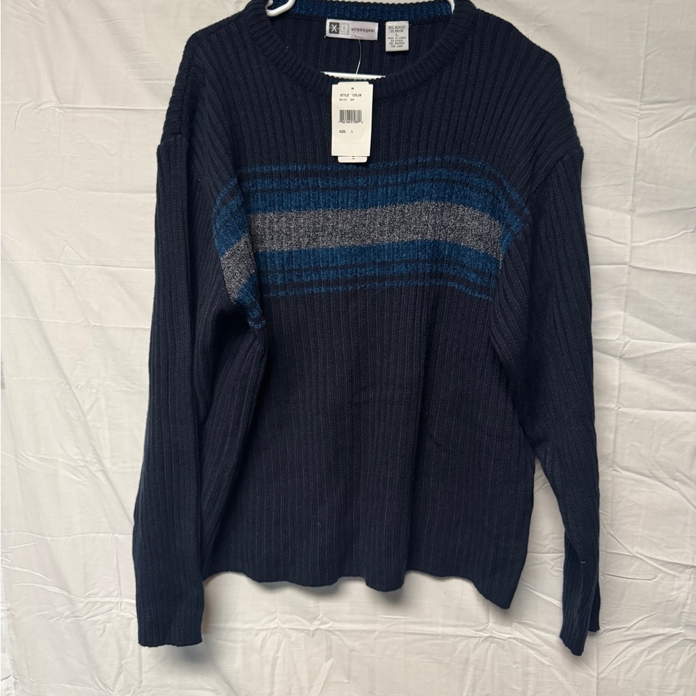 Vintage Xtreme Gear Pullover Sweater Mens Large Crew Chenille Blue Stripe